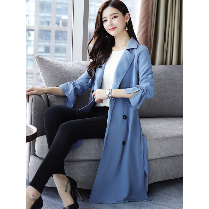 丝柏舍2018秋季新款纯色长袖外套中长款修身气质风衣 女S73R0070F 蓝色 M