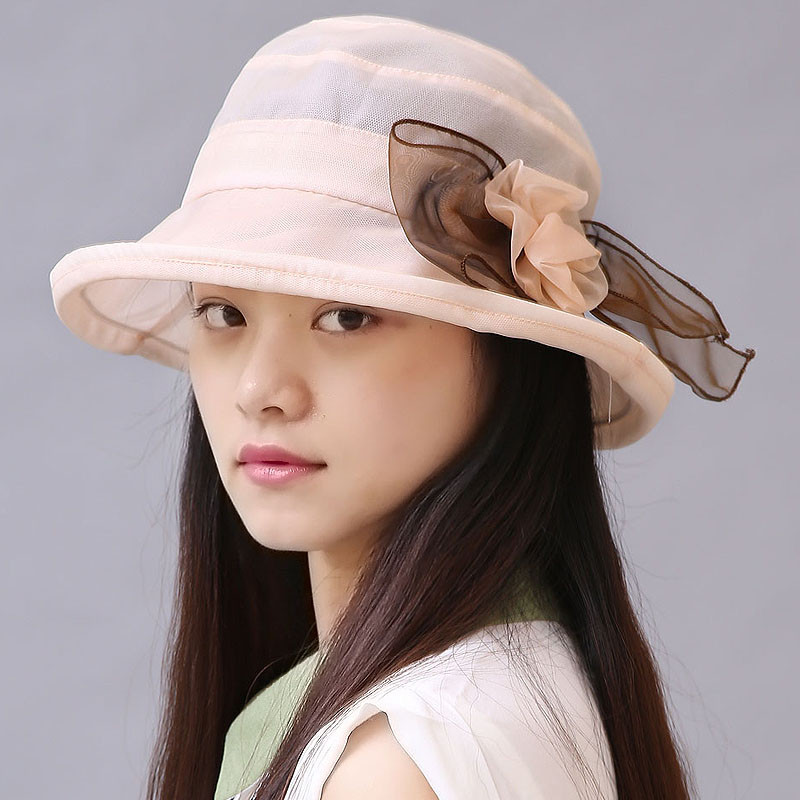 女帽薄款透气雪纺女士遮阳太阳帽显脸小纱帽夏季沙滩帽子凉帽单花米色