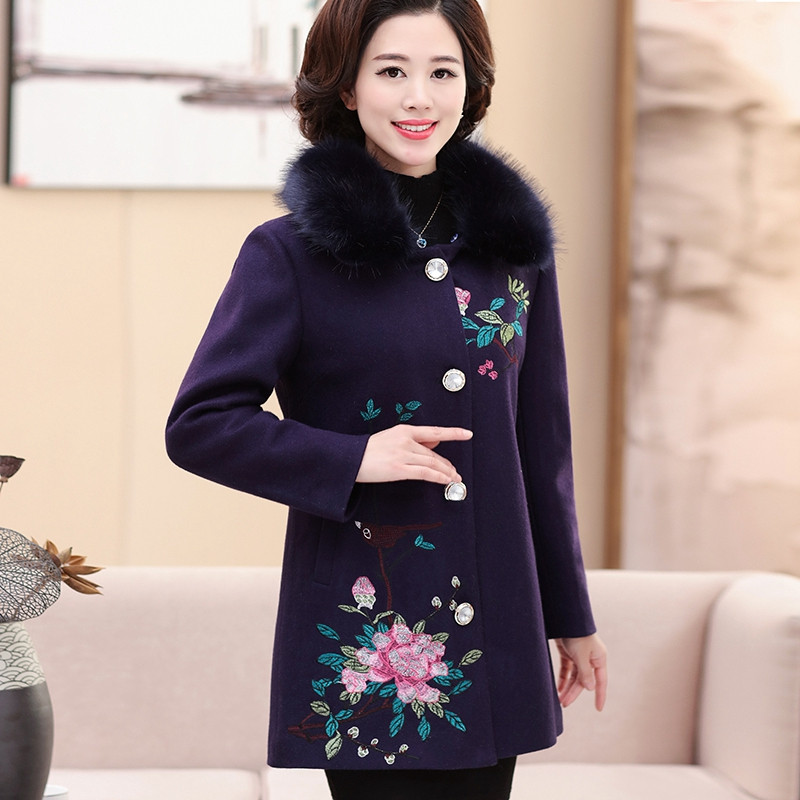 猫人(MiiOW)中老年女装妈妈装秋装新款加厚呢子大衣精美花鸟图案毛呢外套 4XL 紫色