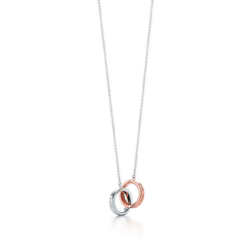 Tiffany & Co.蒂芙尼 1837系列经典吊坠项链 锁骨链 双环系列银色搭玫瑰金色 3567209 40CM