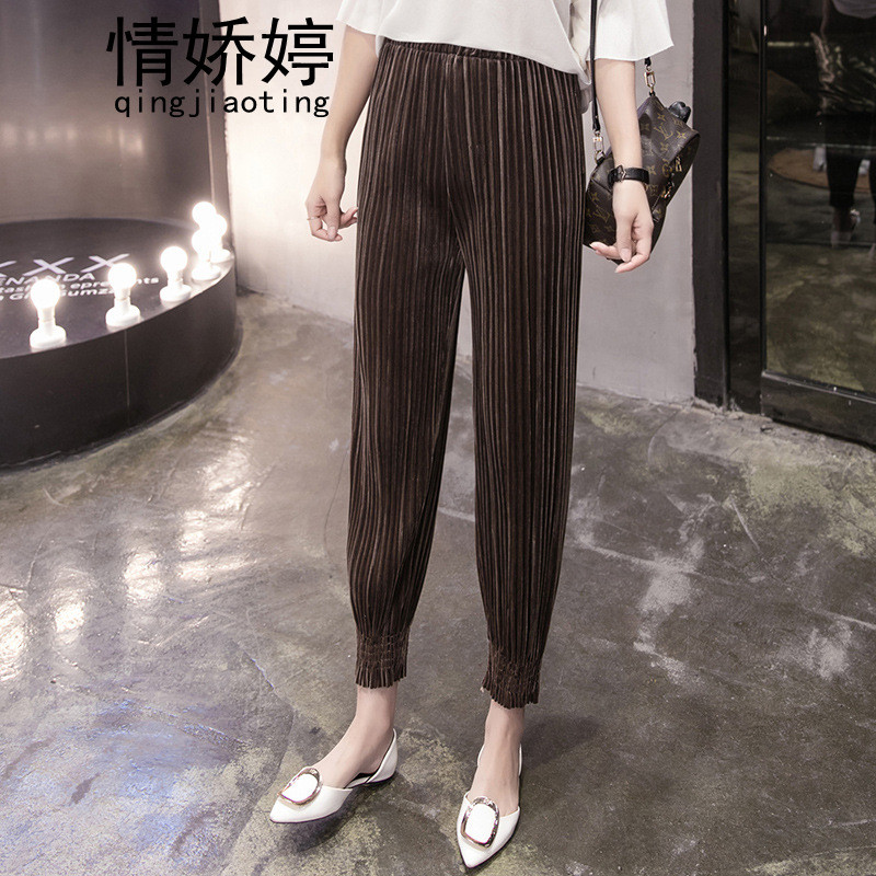 情娇婷2017韩版韩版金丝绒阔腿裤九分裤女直筒裤高腰复古显瘦大码长实拍 XL 墨绿色