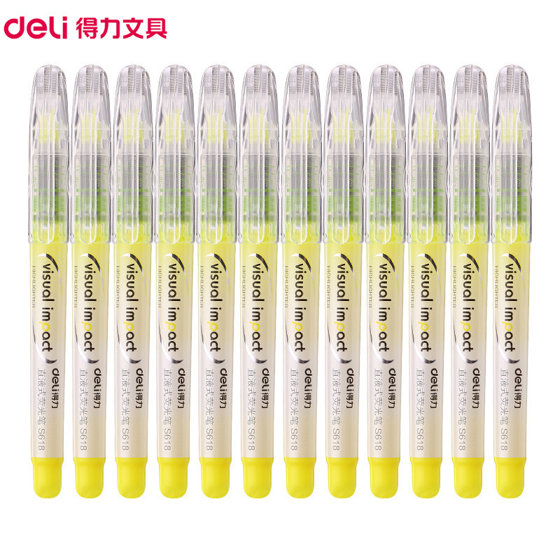得力S618直液式多色荧光笔标记笔淡色系学生用无味糖果色斜头记号笔类彩色笔荧光粗划重点 黄色