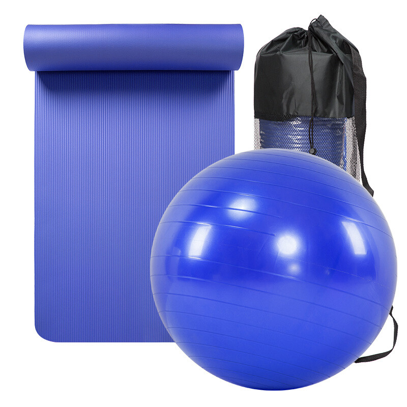 越康瑜伽 10mm加厚男女通用瑜伽垫套装 加长防滑健身垫 附带背包 蓝色瑜伽垫+蓝色瑜伽球