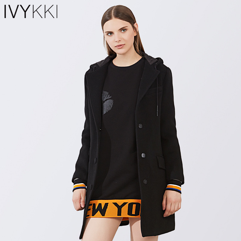 Ivykki艾维秋冬新款女士翻领连帽中长呢大衣加厚外套专柜品质 36/S/160 0801/黑色