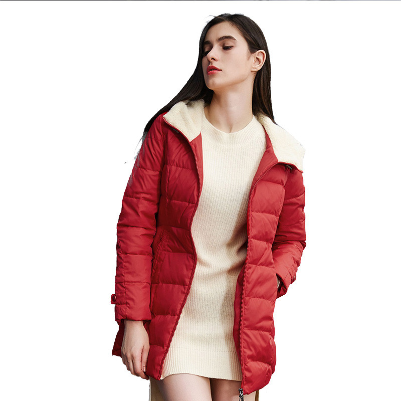 雪中飞羽绒服女中长款韩版修身显瘦保暖学生装帽冬装外套X1301116 170 12139新阳红