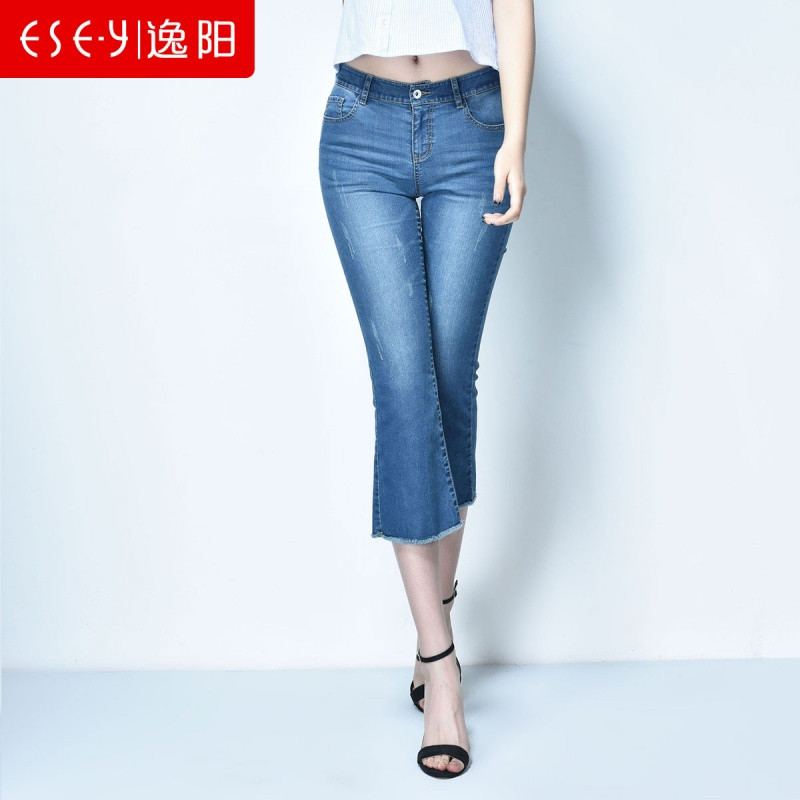 逸阳春夏八分牛仔裤微喇裤_3