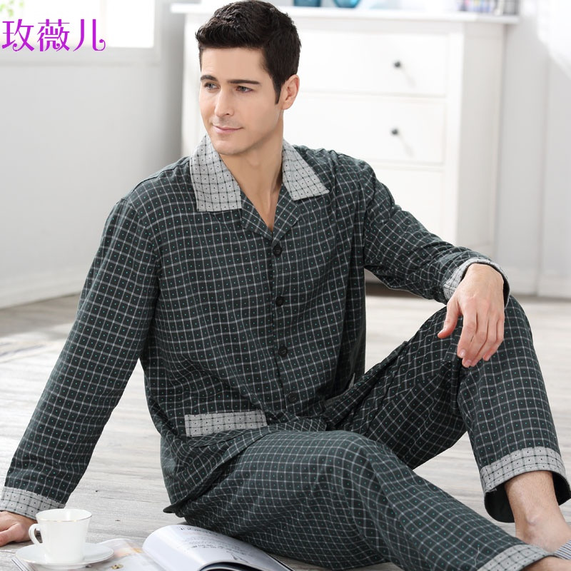 玫薇儿新款睡衣男秋季长袖纯棉中年男士翻领宽松休闲加大加肥家居服套装 M（优质面料） B7063#军绿色针织棉