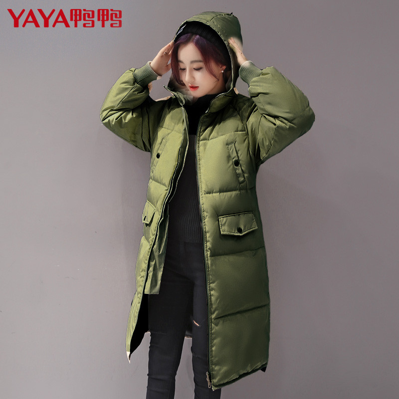 鸭鸭2017秋冬新款女装连帽韩版时尚加长加厚羽绒服女长款B-56281_oUr70 155/80A 军绿色