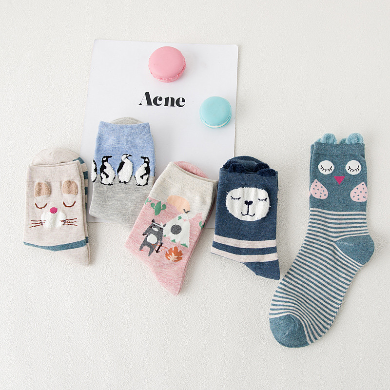 初愫秋冬日系卡通学院风中筒优质棉女袜子5双装 均码 有只猫头鹰