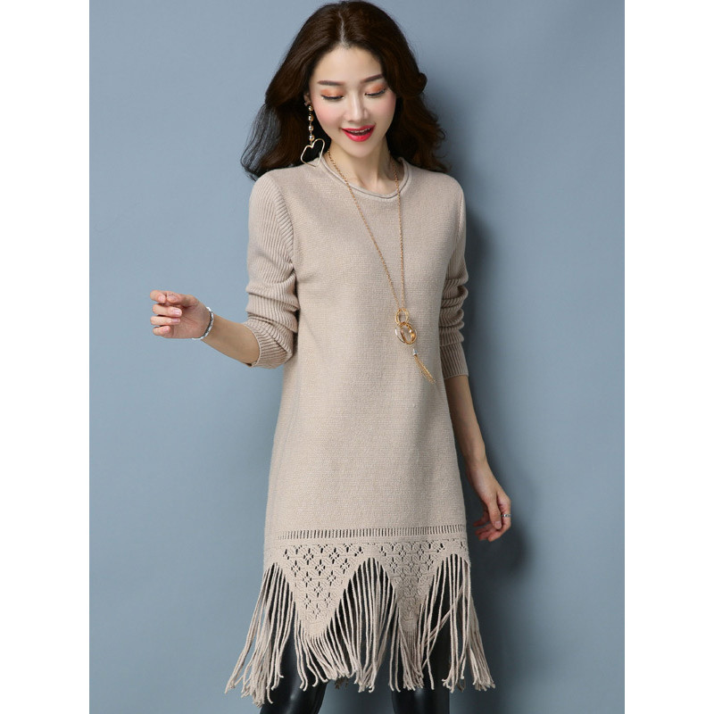 丝柏舍2017秋装新款女纯色圆领宽松百搭气质中长款连衣裙S74S0019L