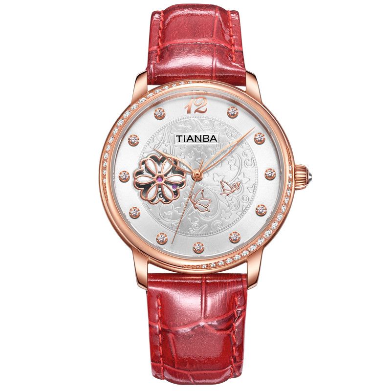 天霸(TIANBA)全自动机械表表专柜同款休闲时尚真皮皮带女士手表 镂空商务休闲潮流机械手表女表TL6032 红色