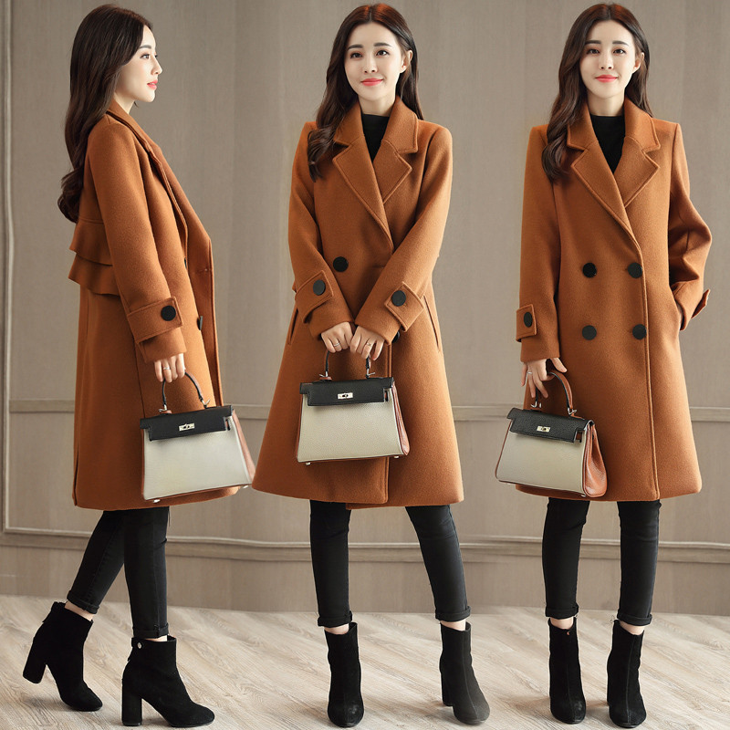 毛呢外套2017年冬季修身显瘦中长款优雅纯色韩版流行舒适气质 2XL 巧克力