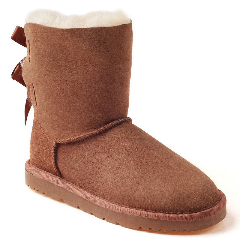 OZWEAR UGG OB083-II 蝴蝶结女鞋羊毛一体中筒雪地靴 栗色 38码
