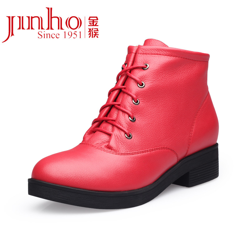 金猴 Jinho系带牛皮舒适方跟 日常休闲 防滑耐磨橡胶底 系带女士踝靴单层低跟SQ49007 大红色 37码