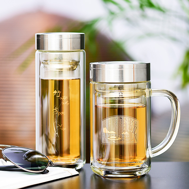 博若莱双层玻璃杯 带盖商务办公玻璃水杯 男女带滤网泡茶杯防烫隔热