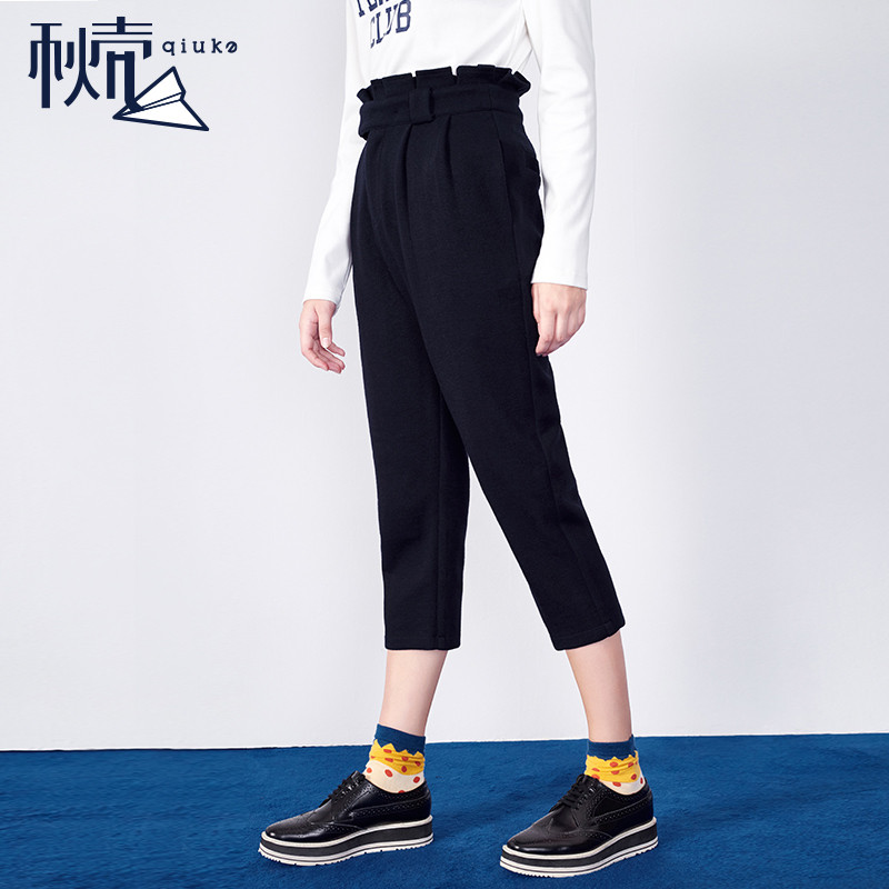 秋壳春装新款压褶高腰七分哈伦裤女外穿休闲裤子 M 深宝蓝