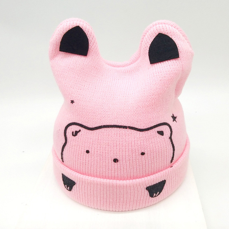 贝迪牛+新生儿童毛线帽婴儿帽子宝宝帽子冬季新款保暖加绒毛线帽子 粉色可爱熊针织帽 均码（3个月-2岁）