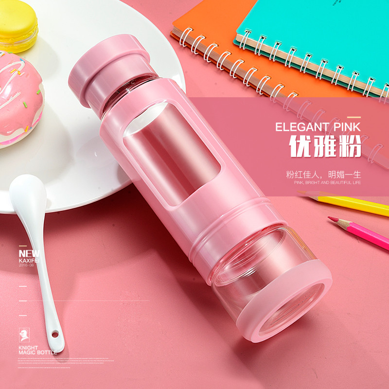 卡西菲kaxifei 玻璃杯 便携男女士车载水杯学生玻璃茶杯 耐热耐摔防漏商务办公杯创意泡茶杯情侣礼品杯子 优雅粉430ml+杯刷杯套