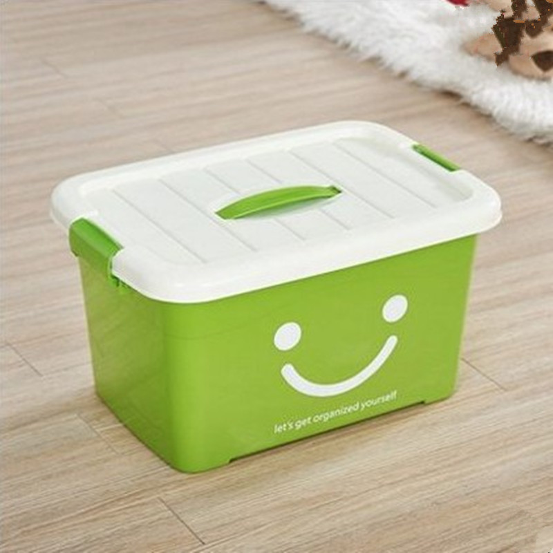 加厚食品级透明收纳箱整理箱塑料盒子有盖大中小号手提储物箱包邮 加厚新款笑脸绿色