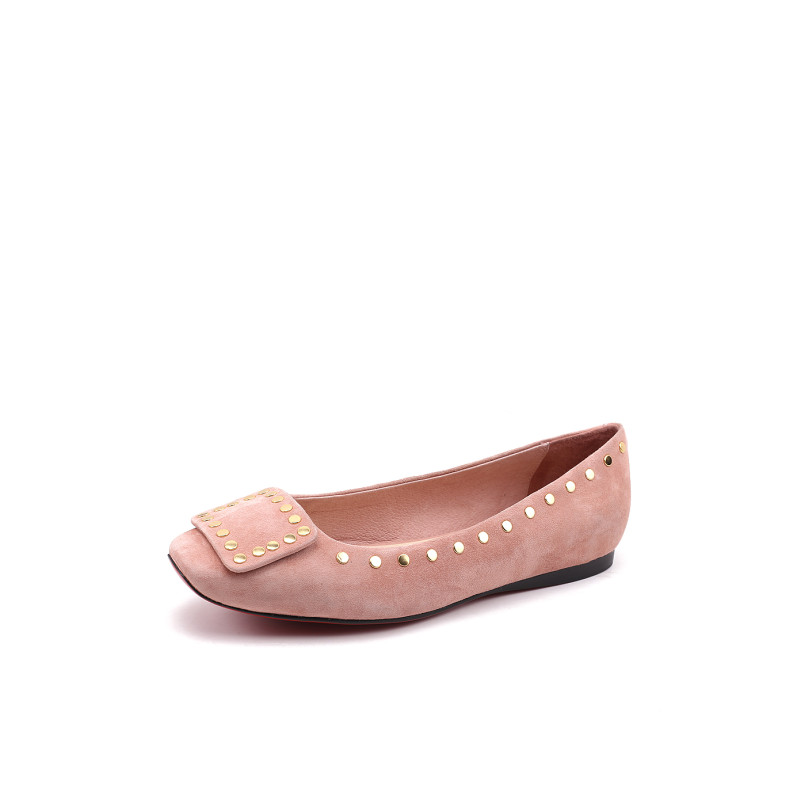 丹路姿 2017新品 黑色时尚羊猄皮铆钉度假平底鞋浅口单鞋 粉色 37