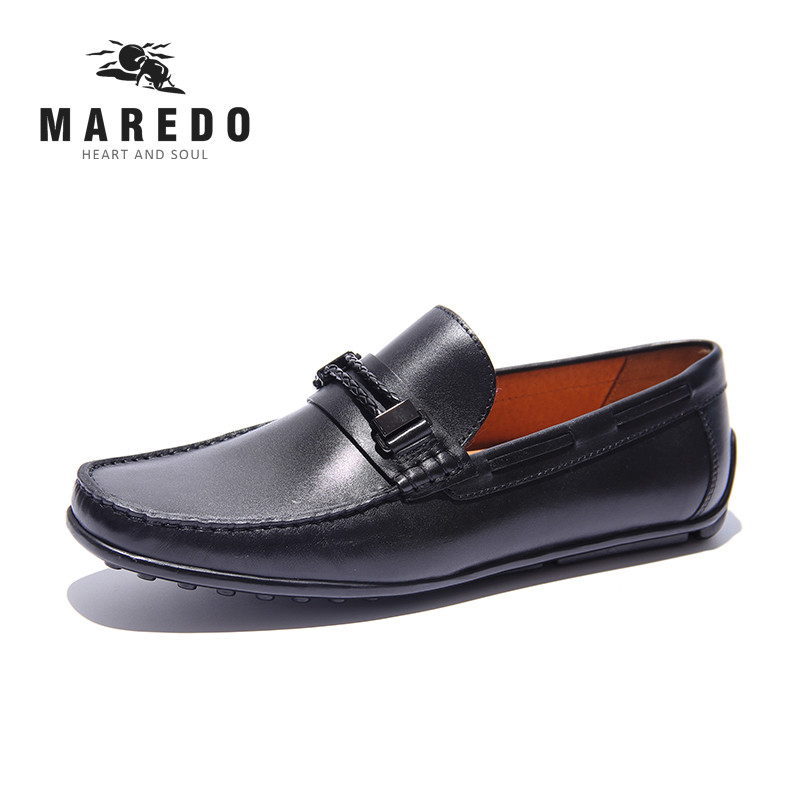 MAREDO MN11001 男鞋时尚正品休闲皮鞋懒人套脚潮流百搭豆豆鞋 黑色 42码