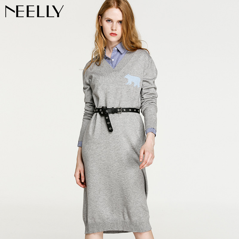 Neelly/纳俪2017冬季新款中长款v领宽松显瘦套头通勤连衣裙打底衫 L 灰色