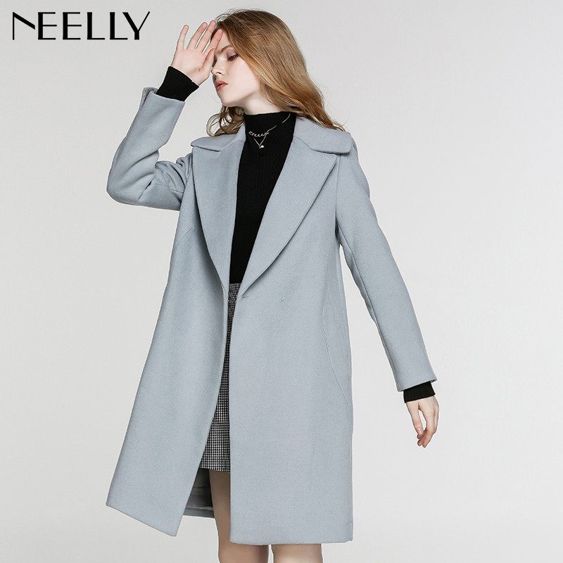 Neelly/纳俪2017冬装新款女中长款纯色宽松毛呢外套 S 豆荚绿
