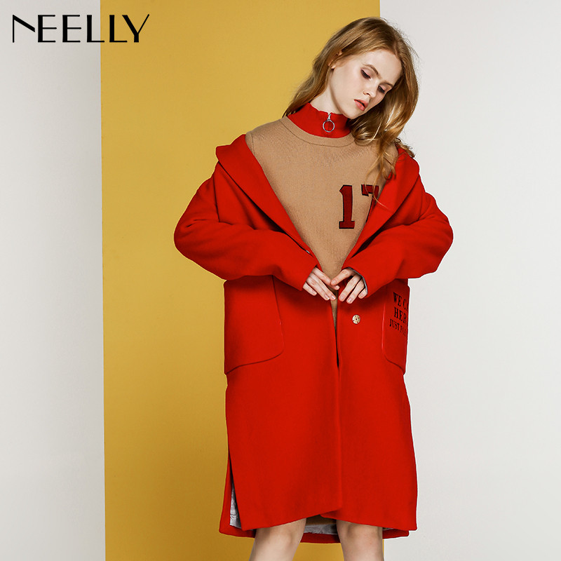 Neelly纳俪2017冬装新款女中长款纯色字母刺绣显瘦羊毛呢外套大衣 S 正红