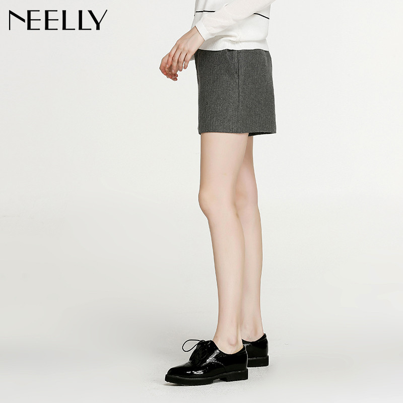 Neelly纳俪2017冬装新款女裤子格纹显瘦条纹宽松毛呢休闲百搭短裤 XL 灰色
