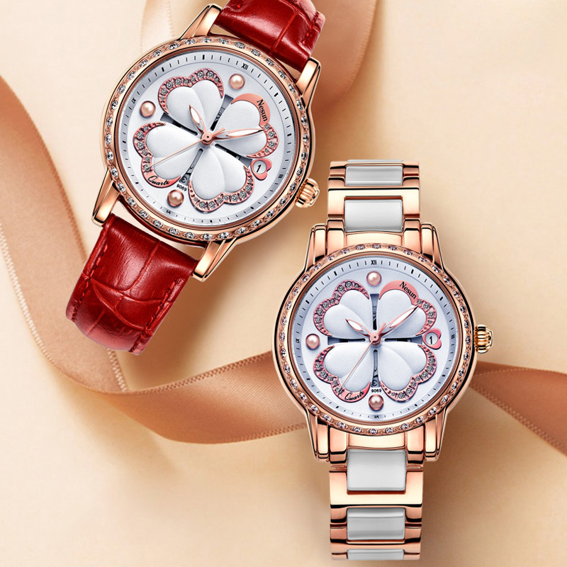 正品尼尚(nesun)手表女士石英表 女时尚潮流防水学生简约镶钻四叶草