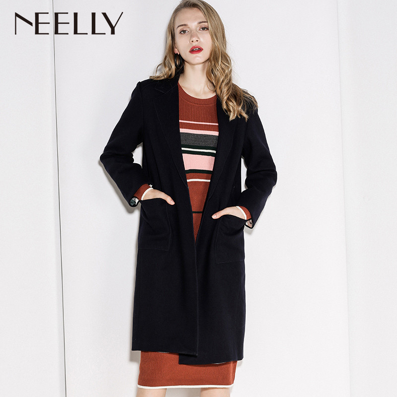 Neelly纳俪2017冬装新款女中长款过膝显瘦修身粗花羊毛呢外套大衣 M 藏青