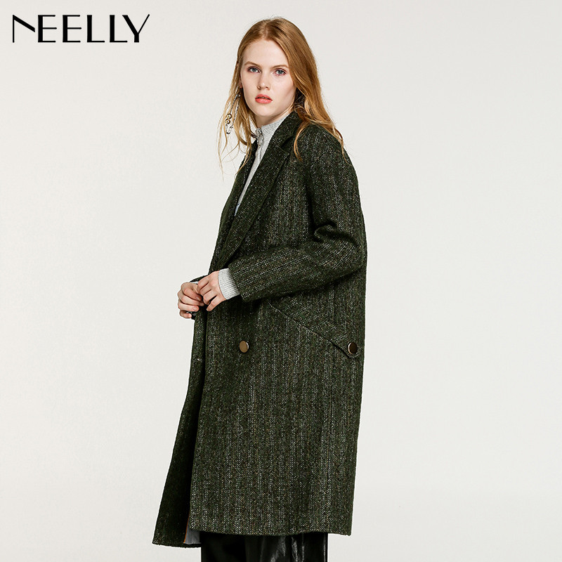 Neelly纳俪2017冬装新款女外套显瘦双排扣羊毛呢大衣毛呢外套_1 L 将军绿