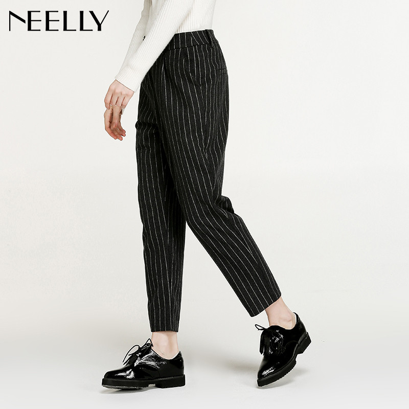 Neelly纳俪2017冬装新款女裤修身显瘦细条纹直筒萝卜裤九分铅笔裤_1 M 深灰