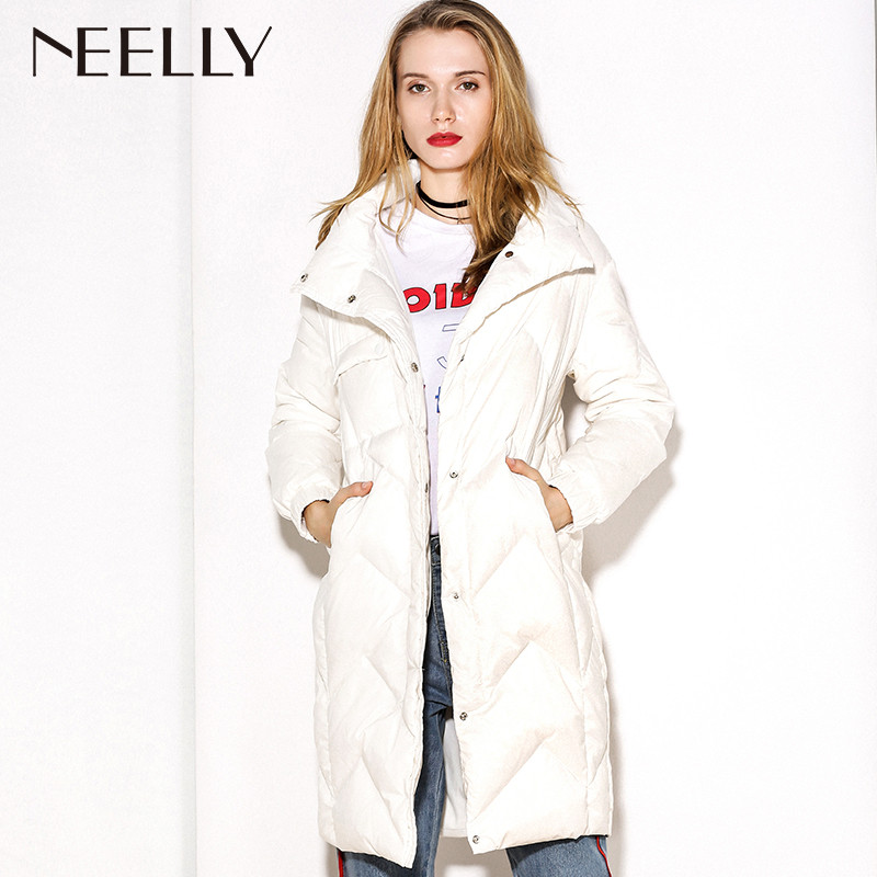 Neelly纳俪2017秋装新款女中长款白色90白鸭绒加厚直筒修身羽绒服_1 L 白色