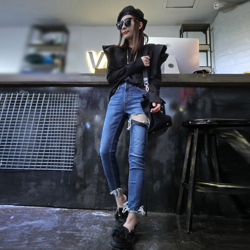 赛美意织带破洞毛边牛仔裤女 欧洲站2017秋冬季新品欧美弹力修身休闲小脚牛仔裤女S172h2837p2170