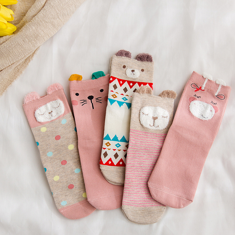 初愫10双装卡通动物图案潮款棉质中筒女袜 均码 C花色小熊