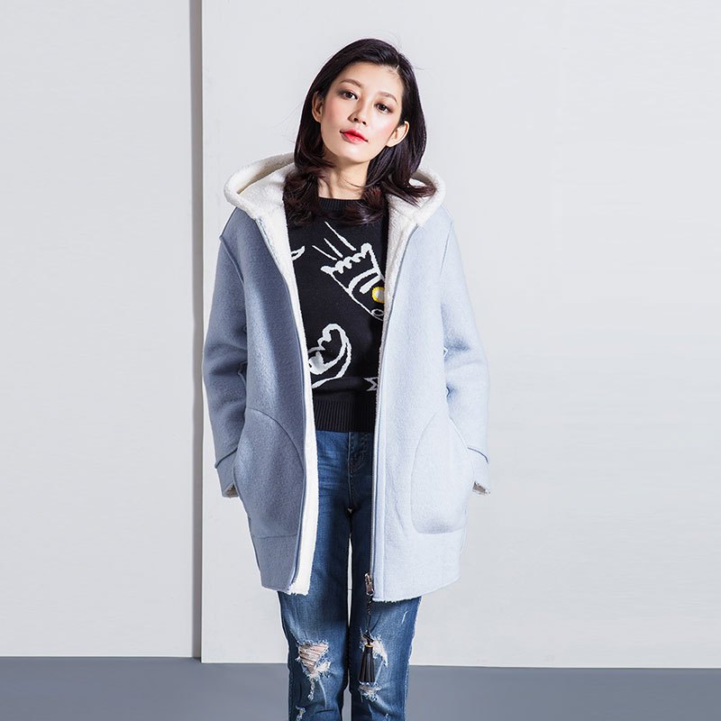 女装冬季韩版时尚连帽复合呢料中长款大衣保暖外套上衣 L 蓝色