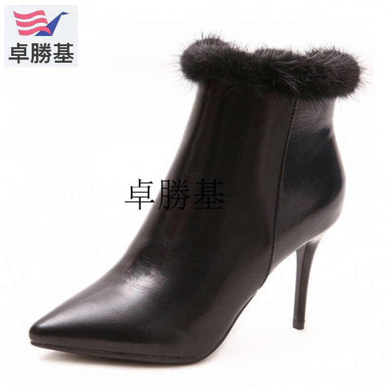 欧美2017时尚马丁靴毛毛加绒棉鞋女高跟鞋尖头细跟英伦简约短靴潮