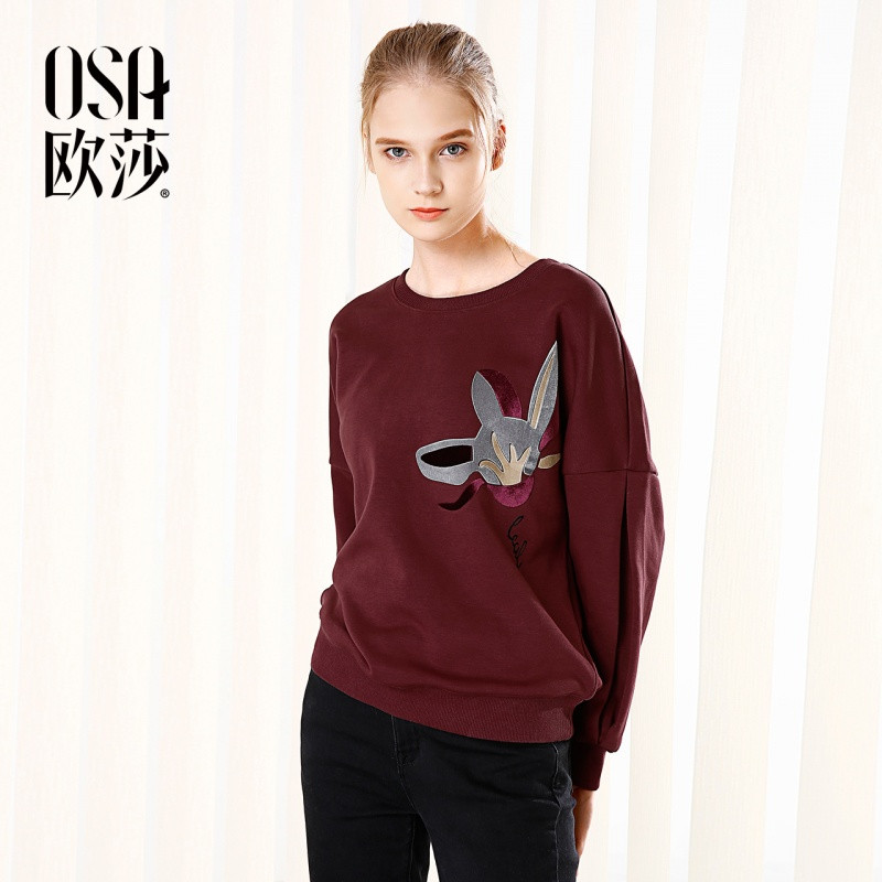 OSA欧莎2017秋季新款女装宽松套头T恤圆领酒红色休闲卫衣C32002 XL 酒红色