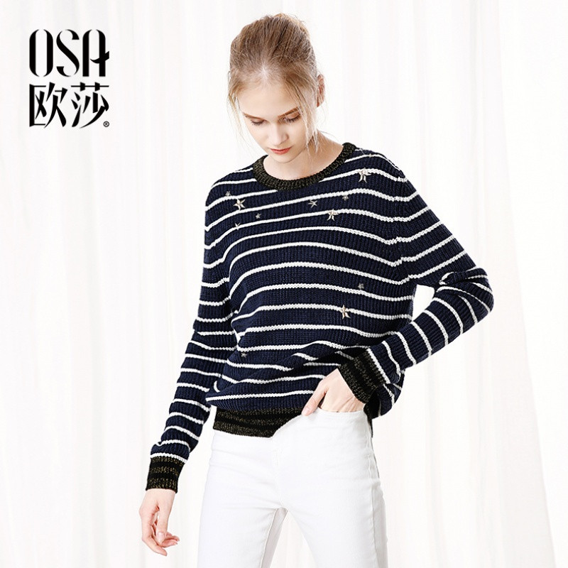 OSA欧莎2017秋新款女装蓝白条纹套头针织衫宽松毛衣 M 蓝白条纹