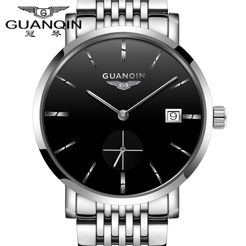GUANQIN冠琴手表正品全自动机械表时尚男表防水真皮带男士薄款 条钉钢带本黑