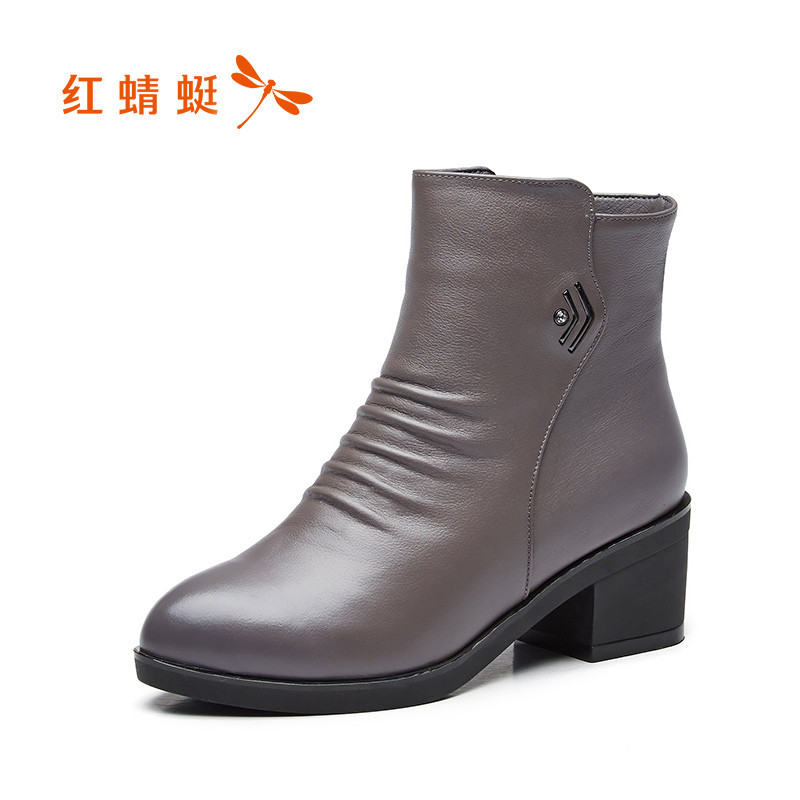红蜻蜓女棉鞋冬季新款真皮粗跟短靴女加绒保暖高跟舒适女靴子 灰色 38码