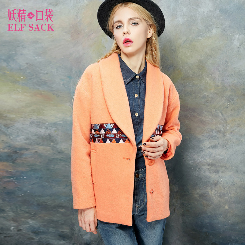 欧美街头冬装女复古甜美刺绣长袖毛呢大衣外套女中长款542825 L 荧光橘