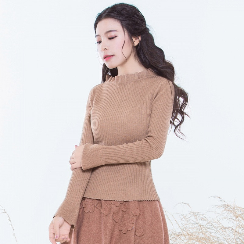 烟花烫2018秋季装新款女装百搭弹力修身针织多色毛衣上衣 如温3741540 咖啡色 L