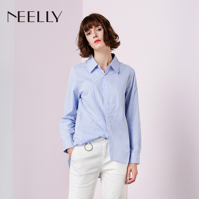 Neelly/纳俪2018春季新款短款竖条纹长袖衬衫_1 L 晴空蓝