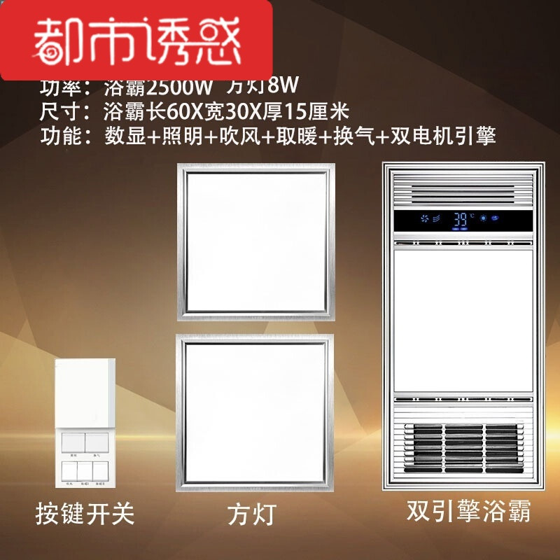 铝扣板暖风浴霸嵌入式集成吊顶厕所浴室温控嵌入式灯具浴室铝扣板照明灯换气顶灯一体机多功能 普通照明套餐（2灯）