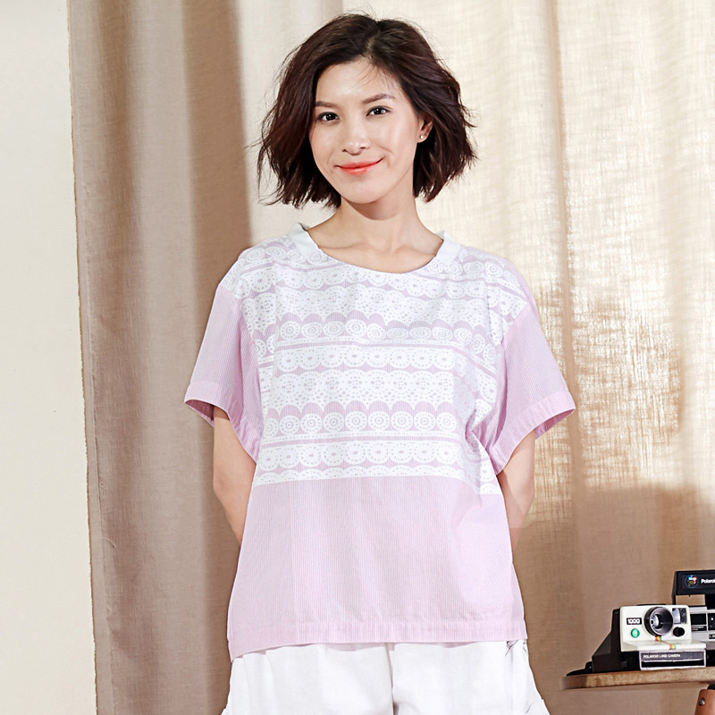 短袖打底衫夏装女士宽松文艺蕾丝印花休闲竖条纹纯棉T恤女-624044_1 XL 温柔粉
