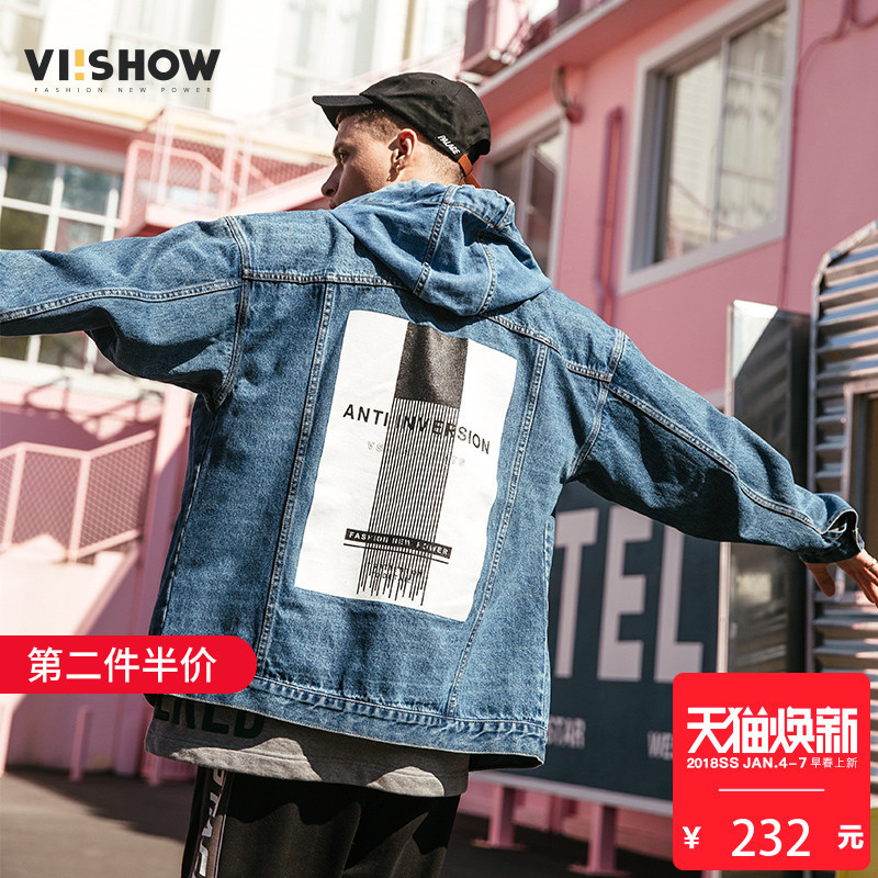 VIISHOW春季新款牛仔夹克男潮牌宽松外套男士情侣帅气上衣JC1024181 牛仔蓝 175/L