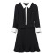 洛诗琳2017秋季新款女装荷叶袖V领中裙修身显瘦OL气质黑色连衣裙 M 黑色
