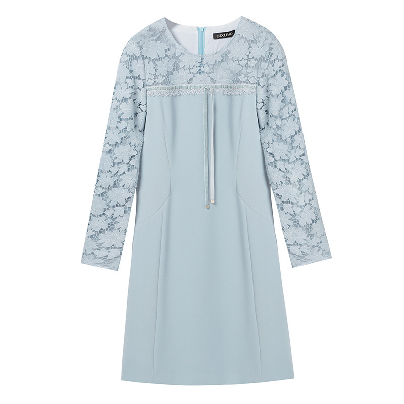 洛诗琳2017秋季新款女装长袖拼接水溶蕾丝中裙修身显瘦气质连衣裙 L 蓝色